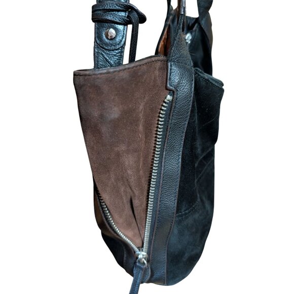 Black Leather Suede Shoulder Bag Large With Zipper & Magnetic Closure Tiangello - Picture 5 of 6